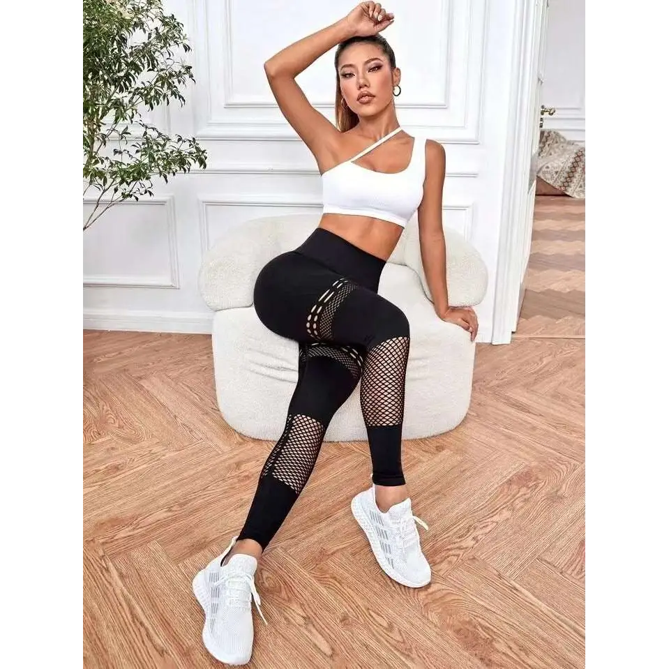 Hollow Seamless Yoga Pants with Mesh Panels