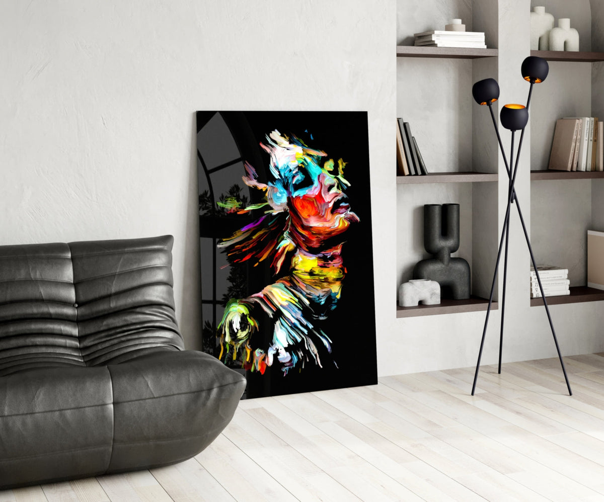 Rainbow Brushstroke Face Black Glass Wall Art